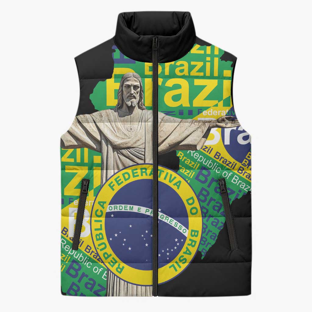 Personalized Brazil Christ the Redeemer Sleeveless Puffer Jacket Brasil Map Unique Stylized - Wonder Print Shop