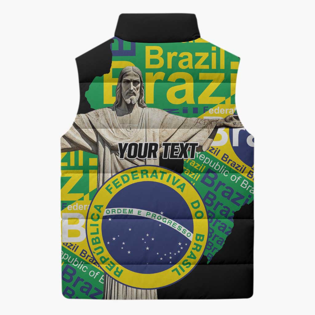 Personalized Brazil Christ the Redeemer Sleeveless Puffer Jacket Brasil Map Unique Stylized - Wonder Print Shop