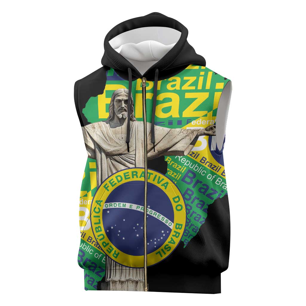 Personalized Brazil Christ the Redeemer Sleeveless Zip Hoodie Brasil Map Unique Stylized - Wonder Print Shop