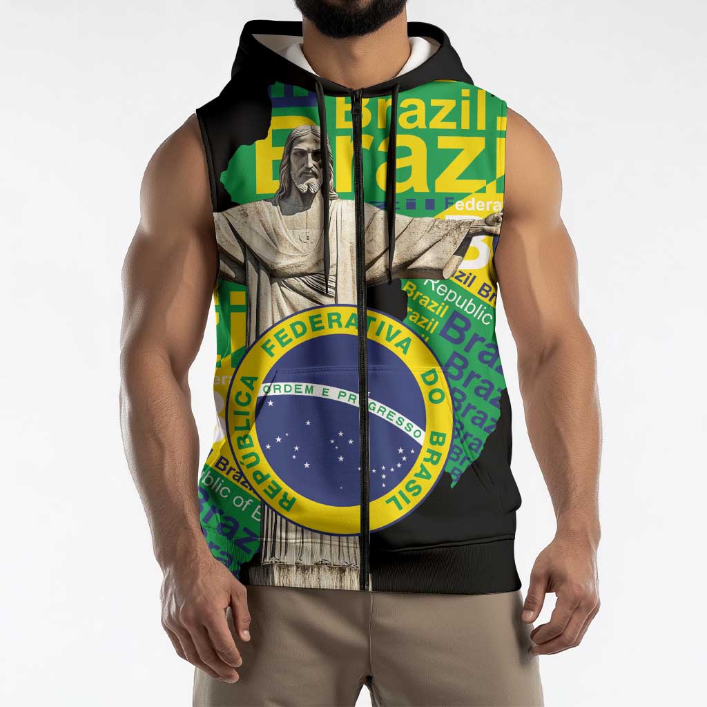 Personalized Brazil Christ the Redeemer Sleeveless Zip Hoodie Brasil Map Unique Stylized - Wonder Print Shop