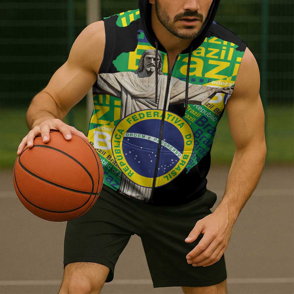 Personalized Brazil Christ the Redeemer Sleeveless Zip Hoodie Brasil Map Unique Stylized - Wonder Print Shop