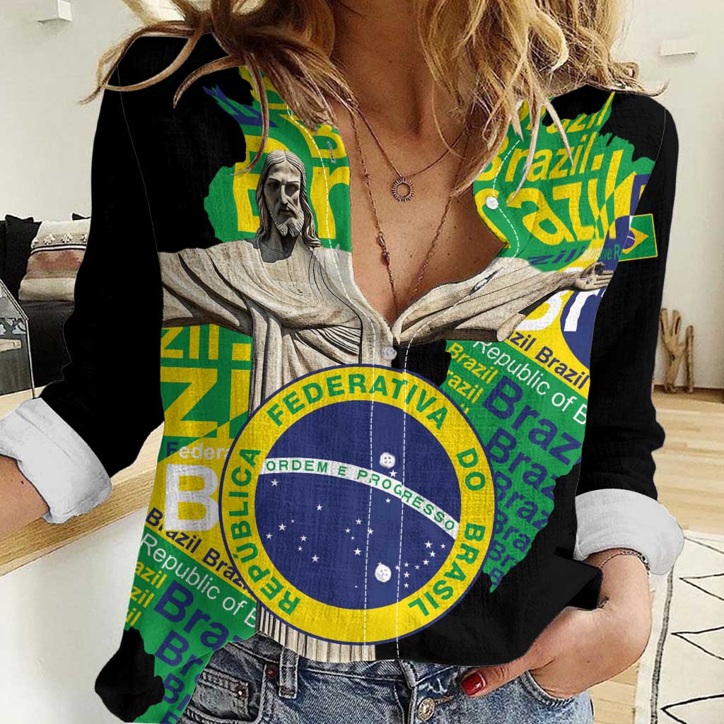 Personalized Brazil Christ the Redeemer Women Casual Shirt Brasil Map Unique Stylized - Wonder Print Shop