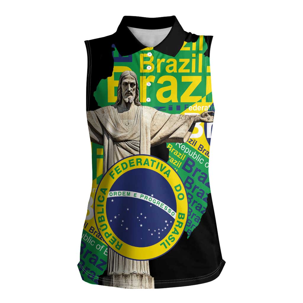 Personalized Brazil Christ the Redeemer Women Sleeveless Polo Shirt Brasil Map Unique Stylized - Wonder Print Shop