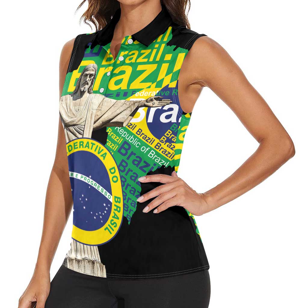 Personalized Brazil Christ the Redeemer Women Sleeveless Polo Shirt Brasil Map Unique Stylized - Wonder Print Shop