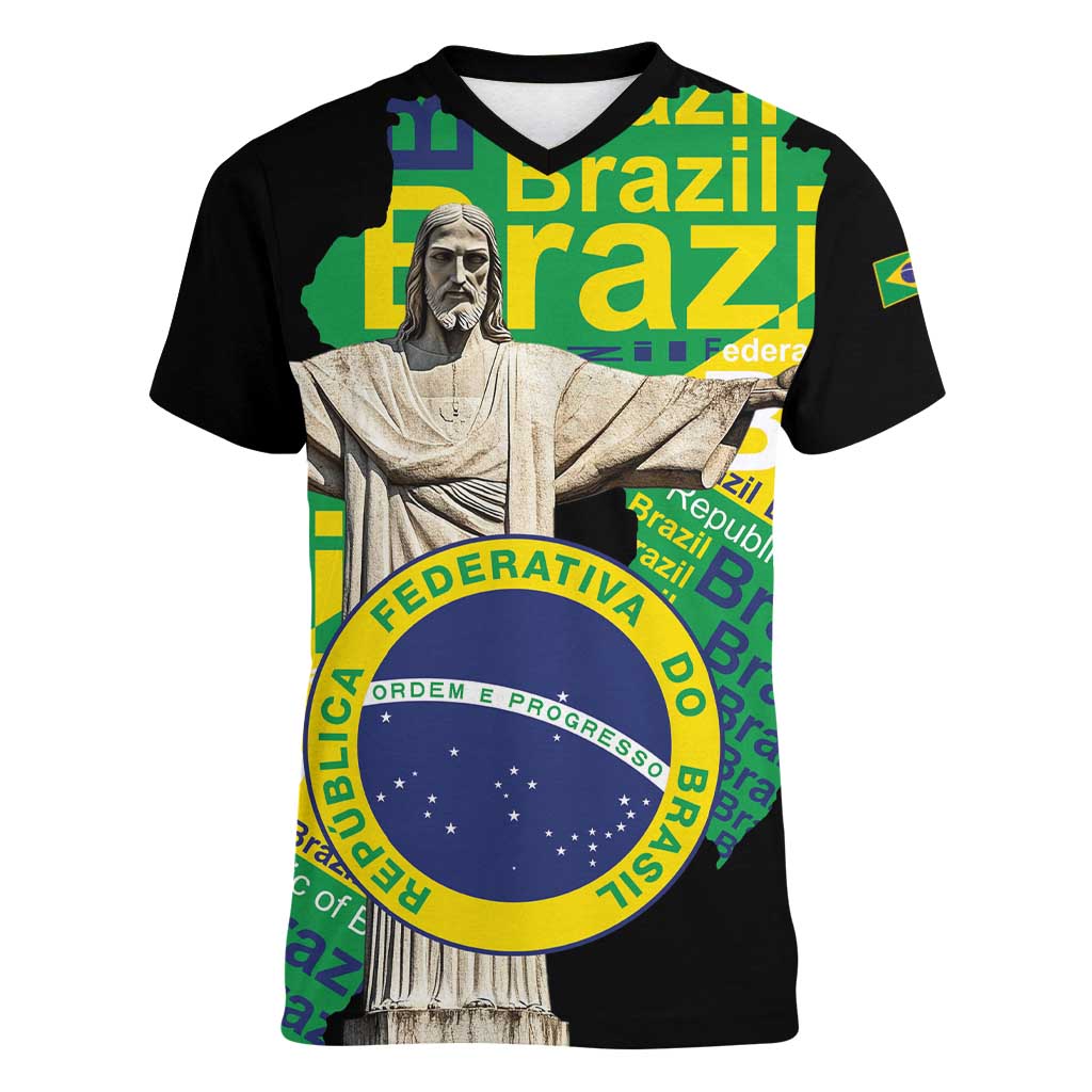 Personalized Brazil Christ the Redeemer Women V-Neck T-Shirt Brasil Map Unique Stylized - Wonder Print Shop