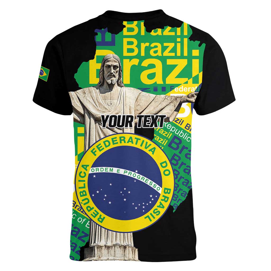 Personalized Brazil Christ the Redeemer Women V-Neck T-Shirt Brasil Map Unique Stylized - Wonder Print Shop