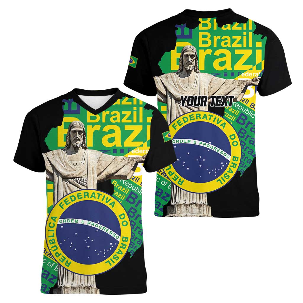 Personalized Brazil Christ the Redeemer Women V-Neck T-Shirt Brasil Map Unique Stylized - Wonder Print Shop