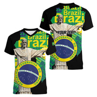 Personalized Brazil Christ the Redeemer Women V-Neck T-Shirt Brasil Map Unique Stylized - Wonder Print Shop