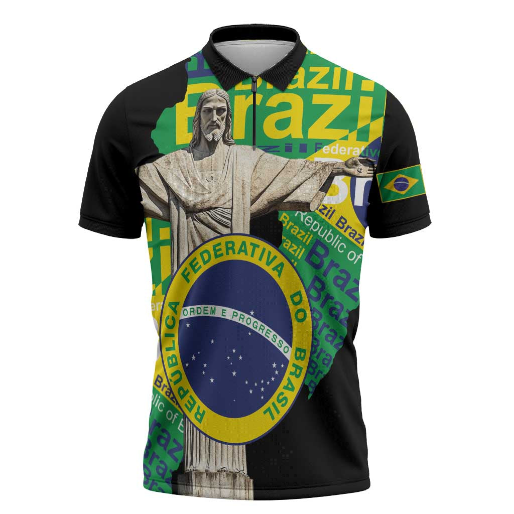 Personalized Brazil Christ the Redeemer Zipper Polo Shirt Brasil Map Unique Stylized - Wonder Print Shop