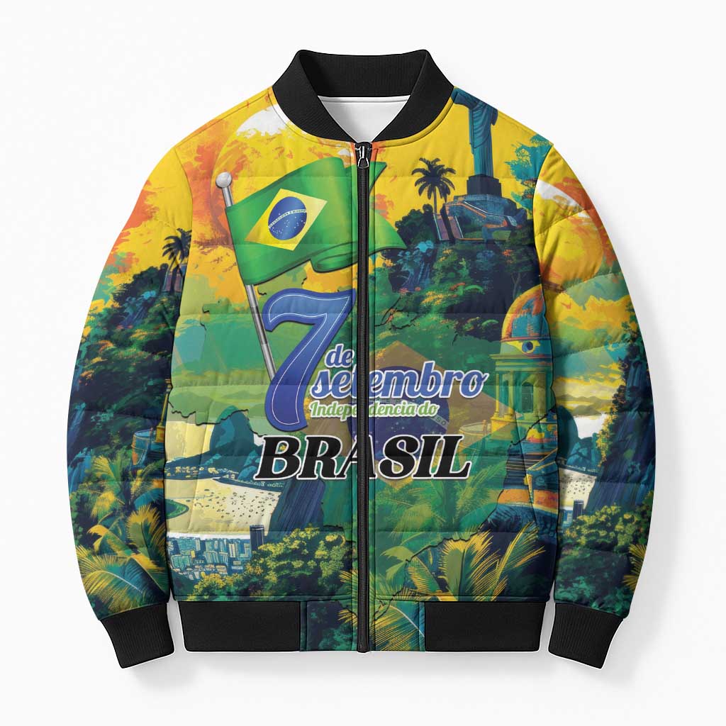 Personalized Brazil Sete de Setembro Bomber Puffer Jacket Brasil Rio de Janeiro Art Style - Wonder Print Shop