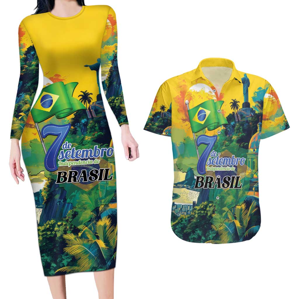 Personalized Brazil Sete de Setembro Couples Matching Long Sleeve Bodycon Dress and Hawaiian Shirt Brasil Rio de Janeiro Art Style - Wonder Print Shop