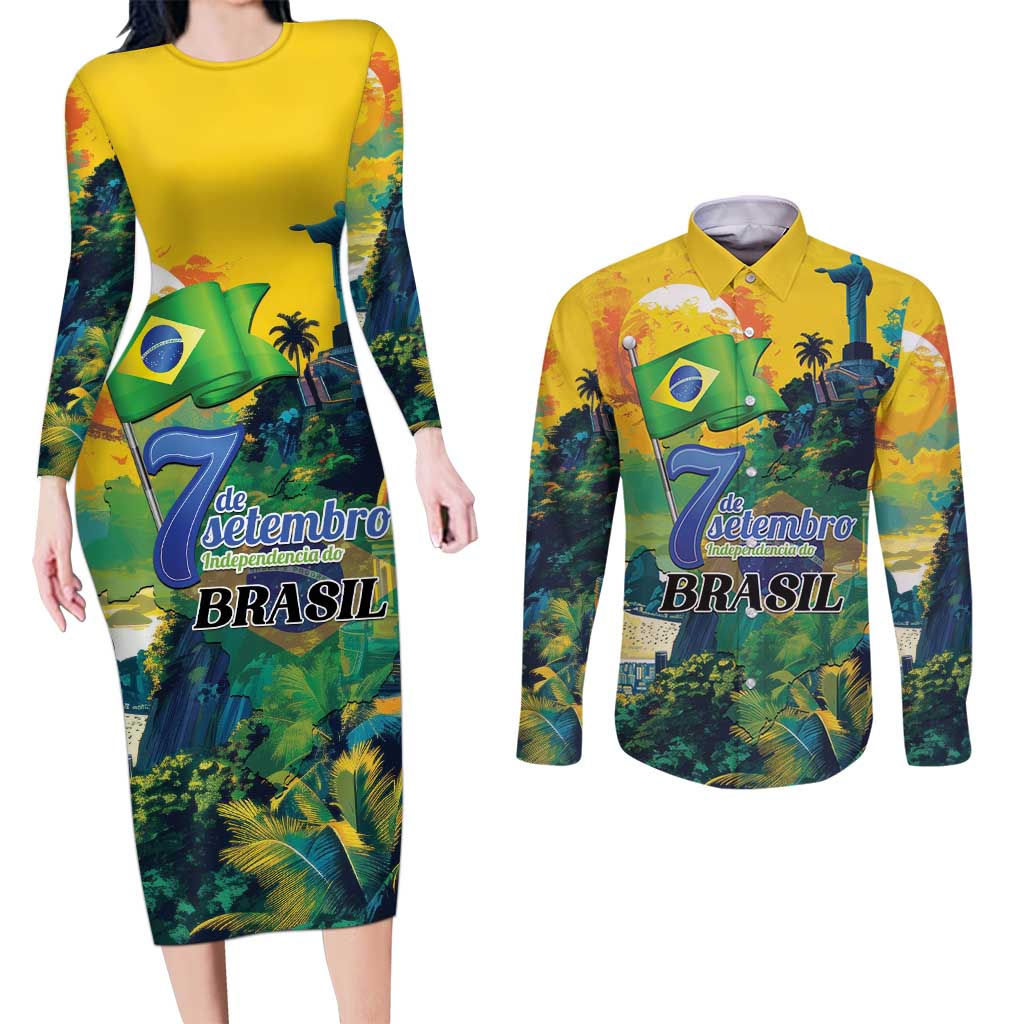 Personalized Brazil Sete de Setembro Couples Matching Long Sleeve Bodycon Dress and Long Sleeve Button Shirt Brasil Rio de Janeiro Art Style - Wonder Print Shop