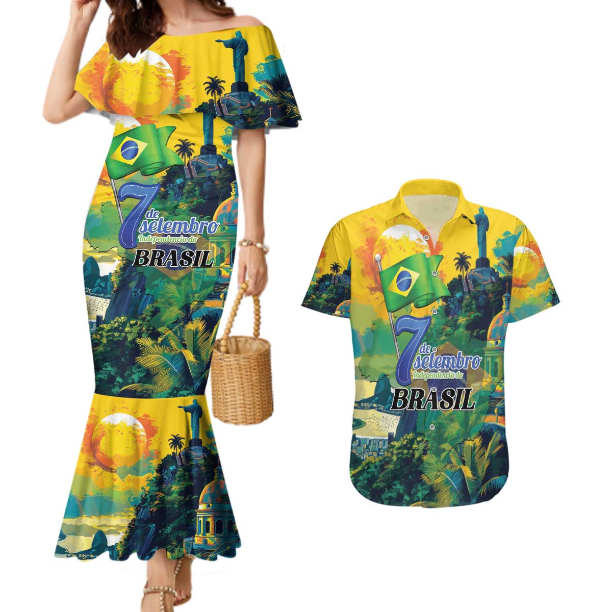 Personalized Brazil Sete de Setembro Couples Matching Mermaid Dress and Hawaiian Shirt Brasil Rio de Janeiro Art Style - Wonder Print Shop
