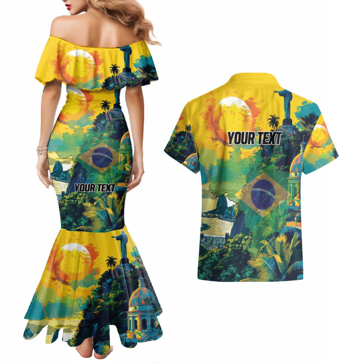 Personalized Brazil Sete de Setembro Couples Matching Mermaid Dress and Hawaiian Shirt Brasil Rio de Janeiro Art Style - Wonder Print Shop