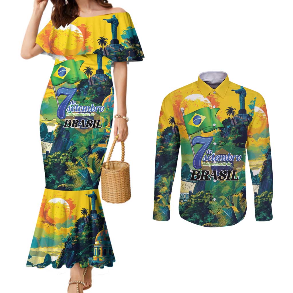 Personalized Brazil Sete de Setembro Couples Matching Mermaid Dress and Long Sleeve Button Shirt Brasil Rio de Janeiro Art Style - Wonder Print Shop