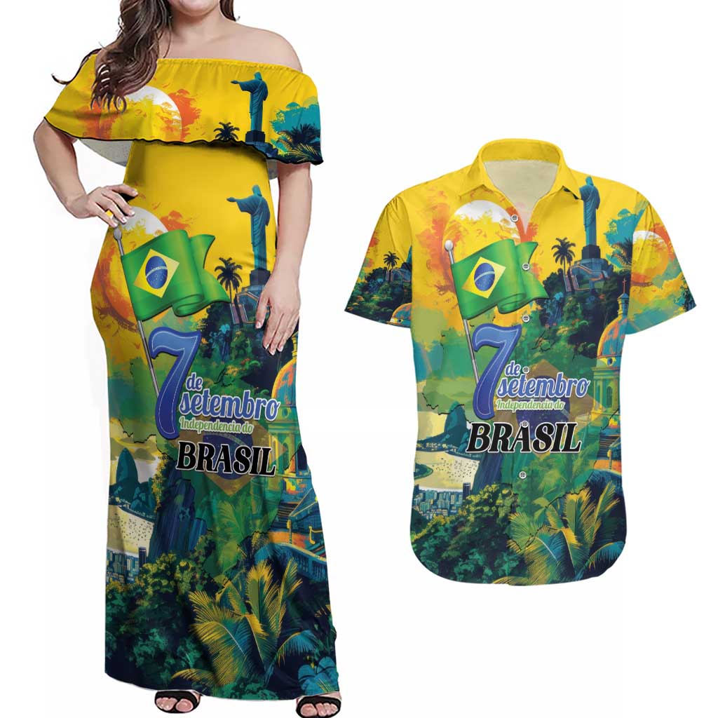 Personalized Brazil Sete de Setembro Couples Matching Off Shoulder Maxi Dress and Hawaiian Shirt Brasil Rio de Janeiro Art Style - Wonder Print Shop