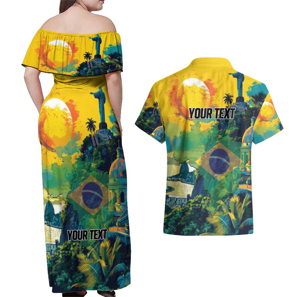 Personalized Brazil Sete de Setembro Couples Matching Off Shoulder Maxi Dress and Hawaiian Shirt Brasil Rio de Janeiro Art Style - Wonder Print Shop