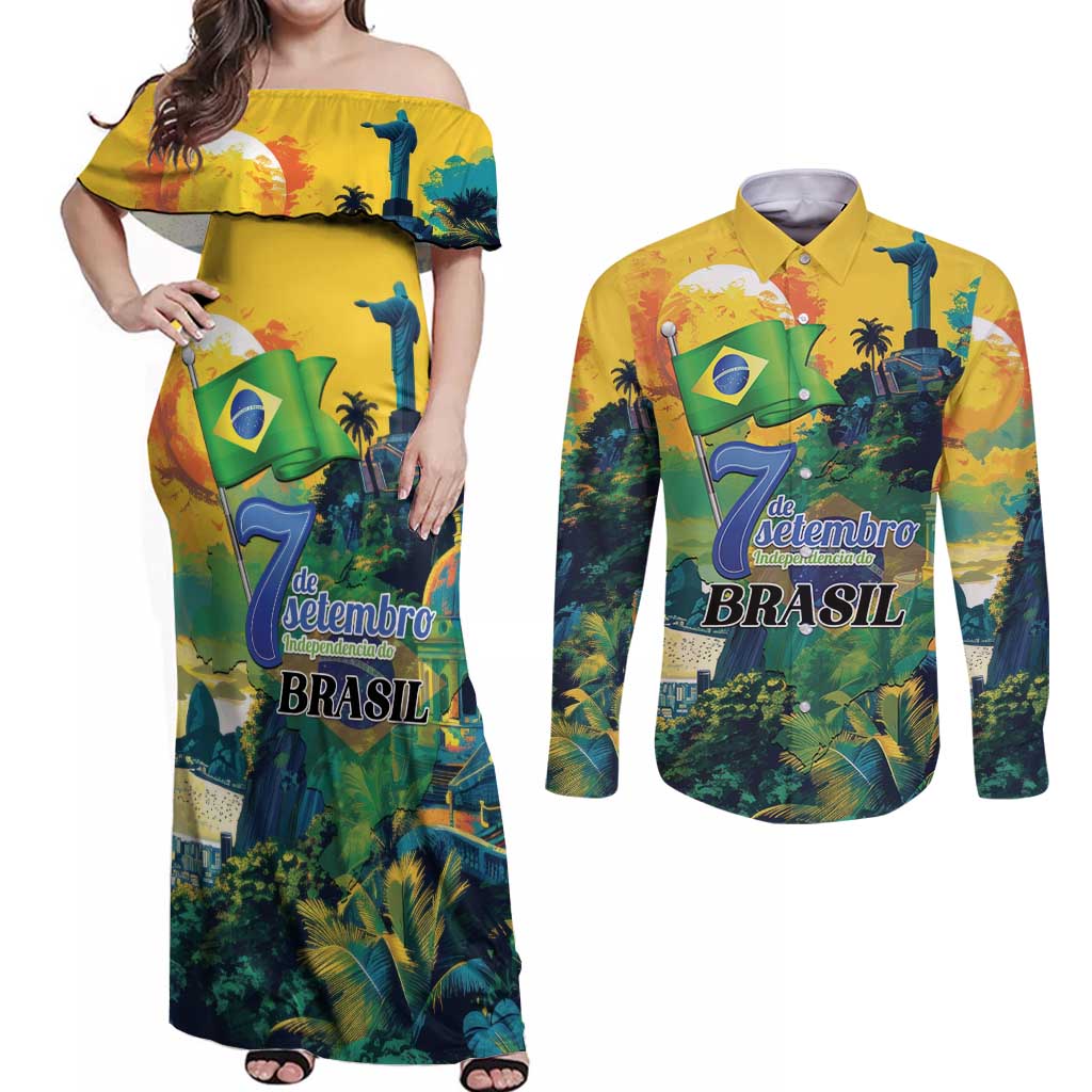 Personalized Brazil Sete de Setembro Couples Matching Off Shoulder Maxi Dress and Long Sleeve Button Shirt Brasil Rio de Janeiro Art Style - Wonder Print Shop
