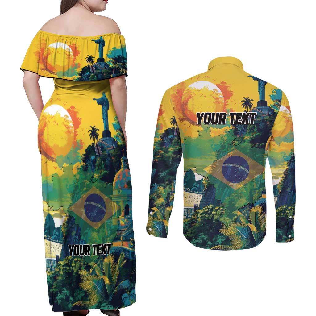 Personalized Brazil Sete de Setembro Couples Matching Off Shoulder Maxi Dress and Long Sleeve Button Shirt Brasil Rio de Janeiro Art Style - Wonder Print Shop