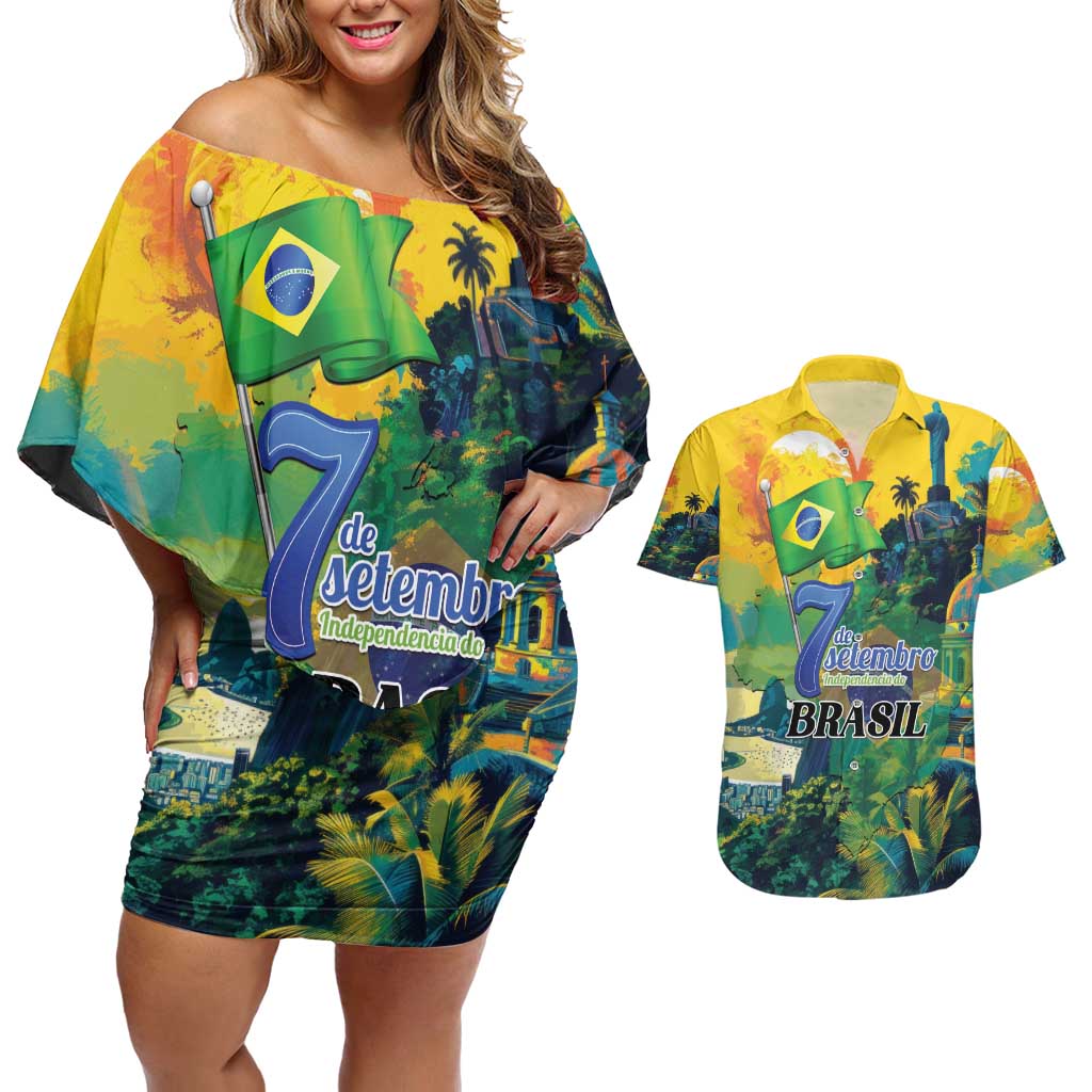 Personalized Brazil Sete de Setembro Couples Matching Off Shoulder Short Dress and Hawaiian Shirt Brasil Rio de Janeiro Art Style - Wonder Print Shop