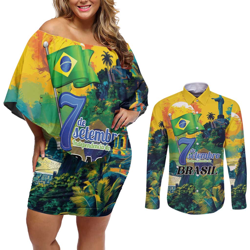 Personalized Brazil Sete de Setembro Couples Matching Off Shoulder Short Dress and Long Sleeve Button Shirt Brasil Rio de Janeiro Art Style - Wonder Print Shop