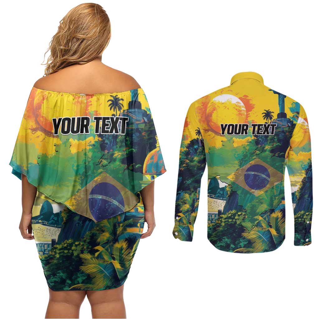 Personalized Brazil Sete de Setembro Couples Matching Off Shoulder Short Dress and Long Sleeve Button Shirt Brasil Rio de Janeiro Art Style - Wonder Print Shop