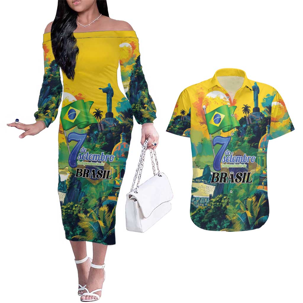 Personalized Brazil Sete de Setembro Couples Matching Off The Shoulder Long Sleeve Dress and Hawaiian Shirt Brasil Rio de Janeiro Art Style - Wonder Print Shop