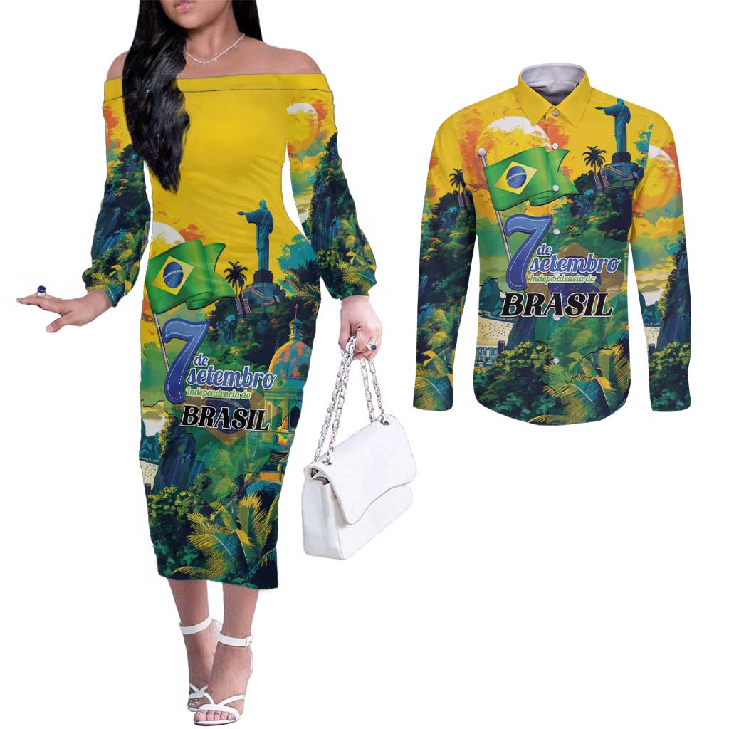 Personalized Brazil Sete de Setembro Couples Matching Off The Shoulder Long Sleeve Dress and Long Sleeve Button Shirt Brasil Rio de Janeiro Art Style - Wonder Print Shop