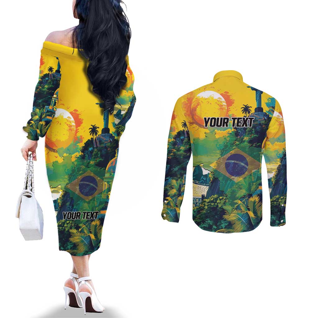 Personalized Brazil Sete de Setembro Couples Matching Off The Shoulder Long Sleeve Dress and Long Sleeve Button Shirt Brasil Rio de Janeiro Art Style - Wonder Print Shop