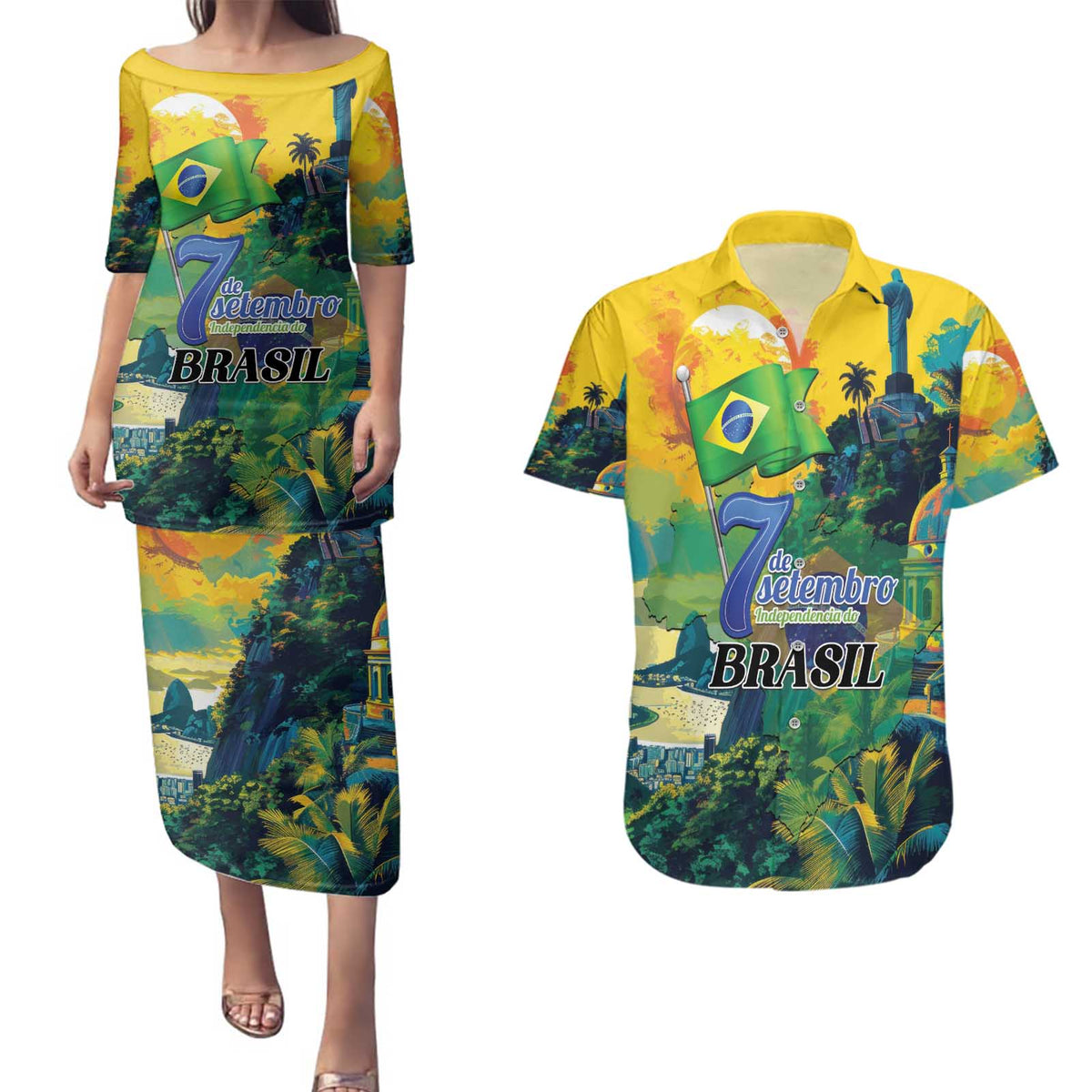 Personalized Brazil Sete de Setembro Couples Matching Puletasi and Hawaiian Shirt Brasil Rio de Janeiro Art Style - Wonder Print Shop
