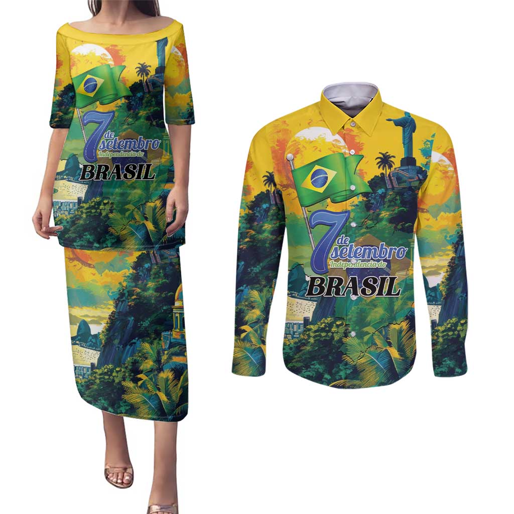Personalized Brazil Sete de Setembro Couples Matching Puletasi and Long Sleeve Button Shirt Brasil Rio de Janeiro Art Style - Wonder Print Shop