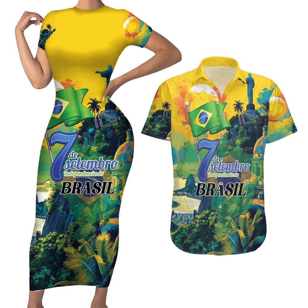 Personalized Brazil Sete de Setembro Couples Matching Short Sleeve Bodycon Dress and Hawaiian Shirt Brasil Rio de Janeiro Art Style - Wonder Print Shop