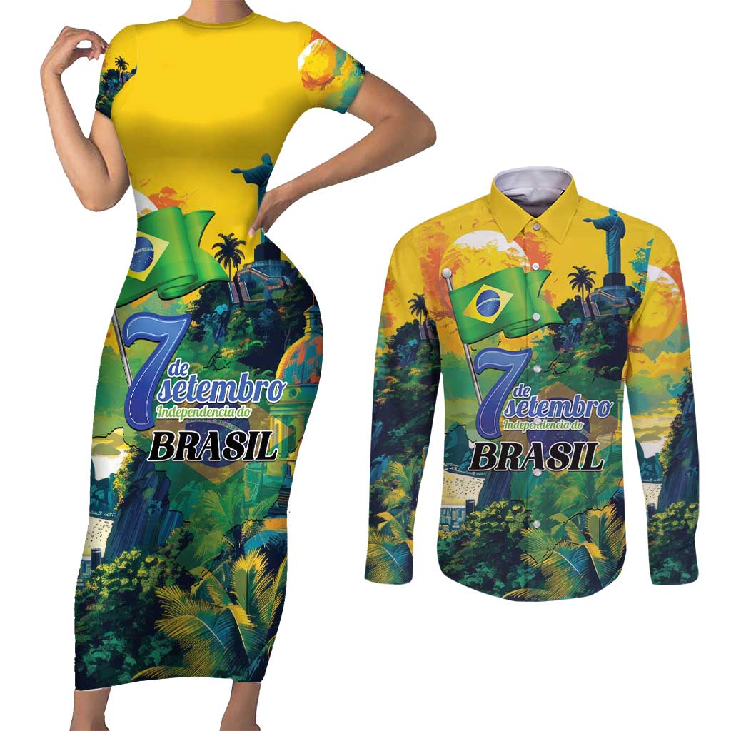 Personalized Brazil Sete de Setembro Couples Matching Short Sleeve Bodycon Dress and Long Sleeve Button Shirt Brasil Rio de Janeiro Art Style - Wonder Print Shop