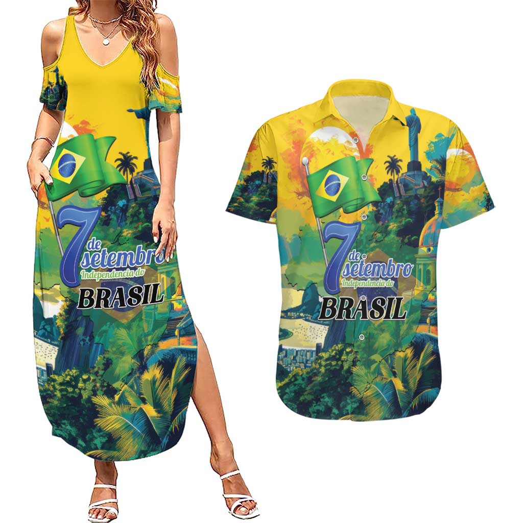 Personalized Brazil Sete de Setembro Couples Matching Summer Maxi Dress and Hawaiian Shirt Brasil Rio de Janeiro Art Style - Wonder Print Shop
