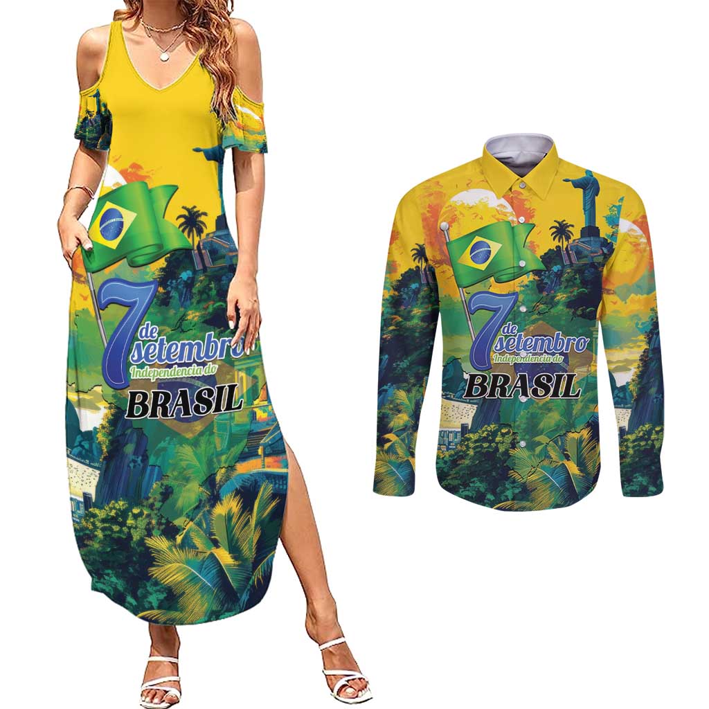 Personalized Brazil Sete de Setembro Couples Matching Summer Maxi Dress and Long Sleeve Button Shirt Brasil Rio de Janeiro Art Style - Wonder Print Shop