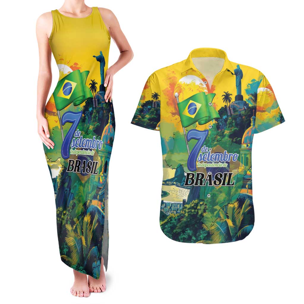 Personalized Brazil Sete de Setembro Couples Matching Tank Maxi Dress and Hawaiian Shirt Brasil Rio de Janeiro Art Style - Wonder Print Shop