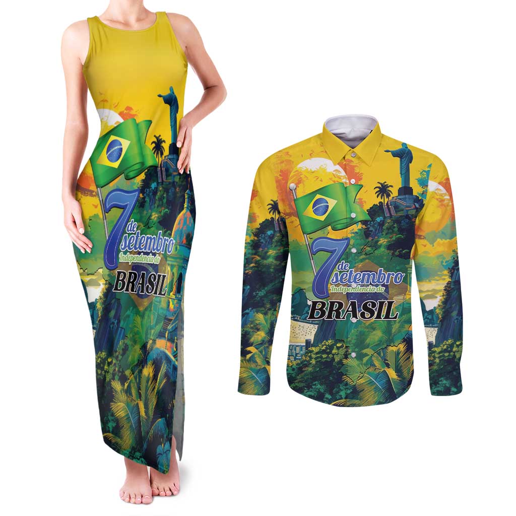 Personalized Brazil Sete de Setembro Couples Matching Tank Maxi Dress and Long Sleeve Button Shirt Brasil Rio de Janeiro Art Style - Wonder Print Shop