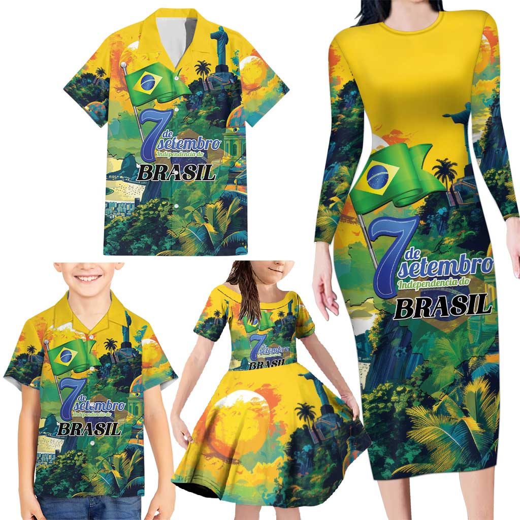 Personalized Brazil Sete de Setembro Family Matching Long Sleeve Bodycon Dress and Hawaiian Shirt Brasil Rio de Janeiro Art Style - Wonder Print Shop
