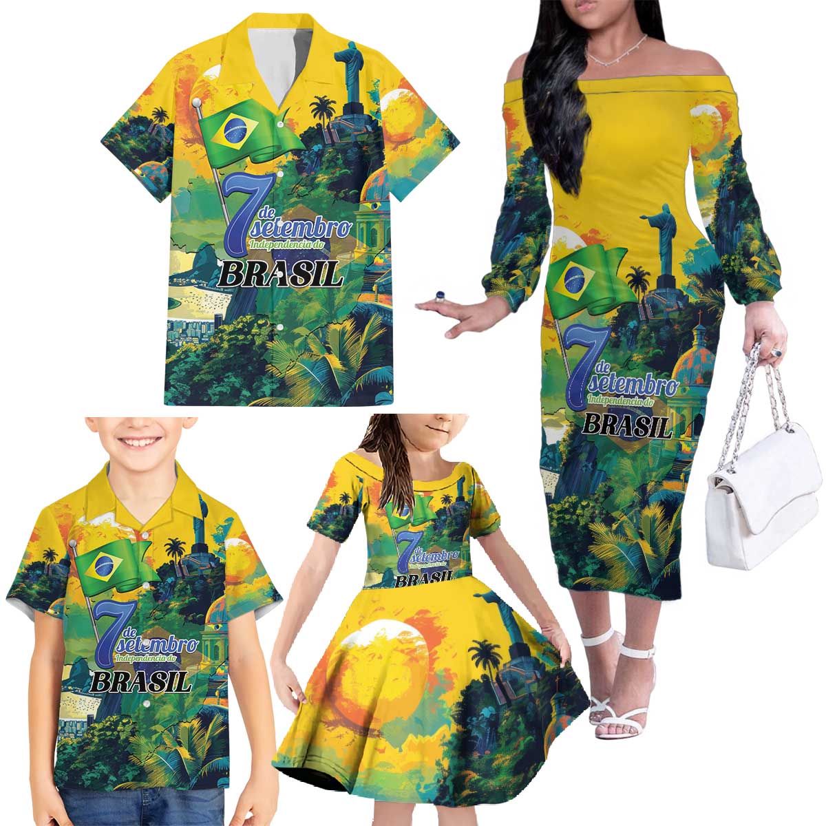 Personalized Brazil Sete de Setembro Family Matching Off The Shoulder Long Sleeve Dress and Hawaiian Shirt Brasil Rio de Janeiro Art Style - Wonder Print Shop