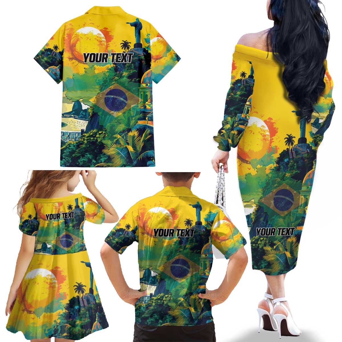 Personalized Brazil Sete de Setembro Family Matching Off The Shoulder Long Sleeve Dress and Hawaiian Shirt Brasil Rio de Janeiro Art Style - Wonder Print Shop