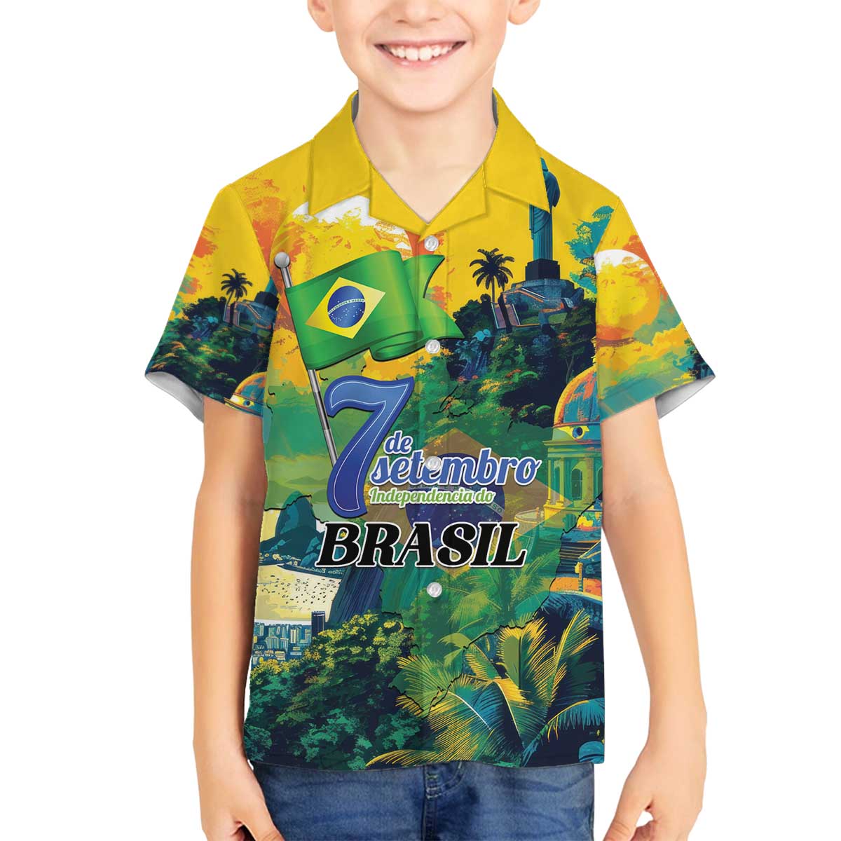 Personalized Brazil Sete de Setembro Family Matching Off The Shoulder Long Sleeve Dress and Hawaiian Shirt Brasil Rio de Janeiro Art Style - Wonder Print Shop