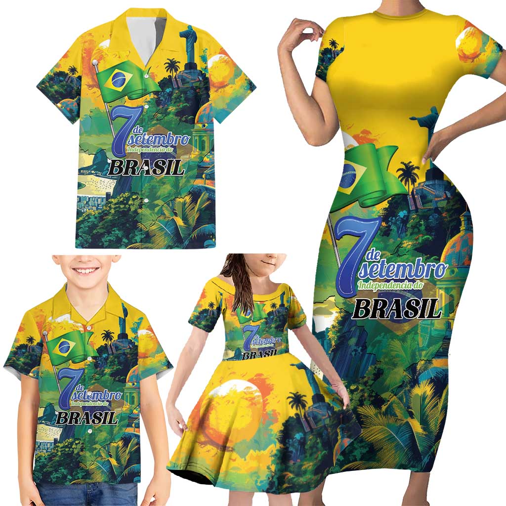 Personalized Brazil Sete de Setembro Family Matching Short Sleeve Bodycon Dress and Hawaiian Shirt Brasil Rio de Janeiro Art Style - Wonder Print Shop