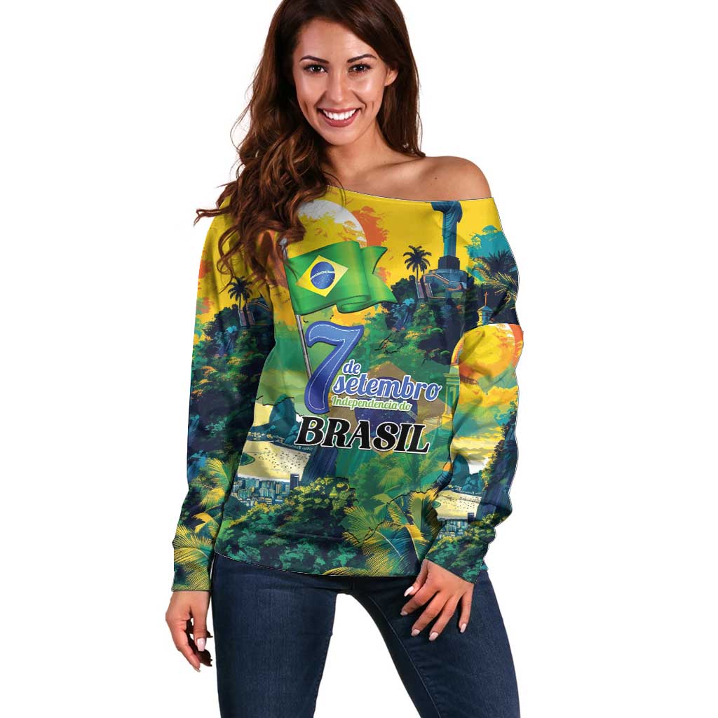 Personalized Brazil Sete de Setembro Off Shoulder Sweater Brasil Rio de Janeiro Art Style - Wonder Print Shop