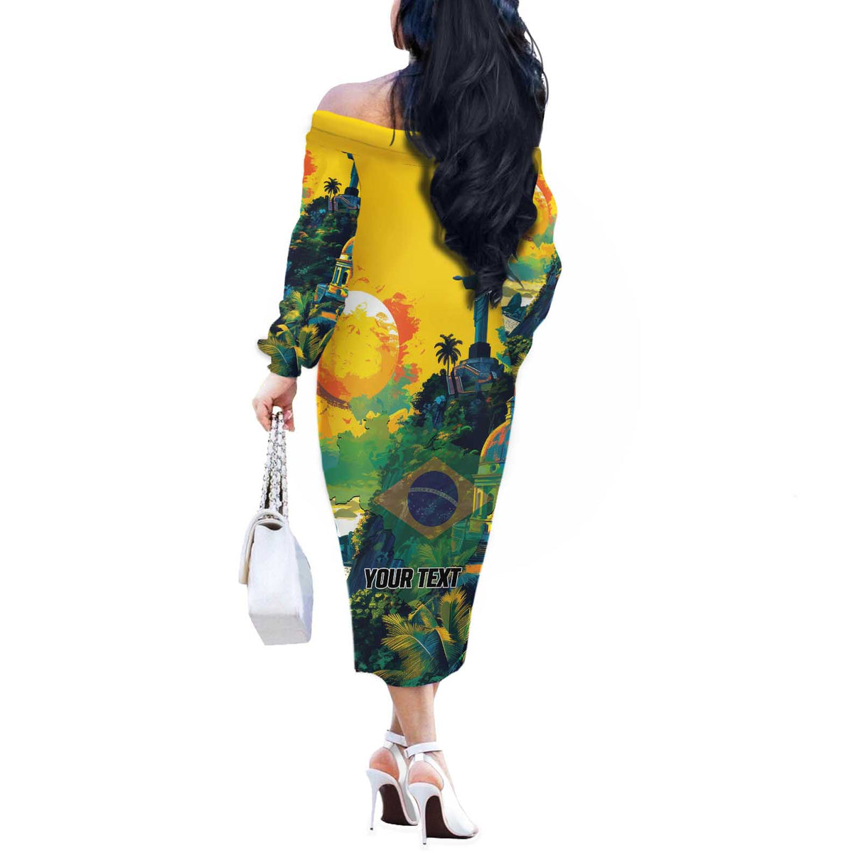 Personalized Brazil Sete de Setembro Off The Shoulder Long Sleeve Dress Brasil Rio de Janeiro Art Style - Wonder Print Shop