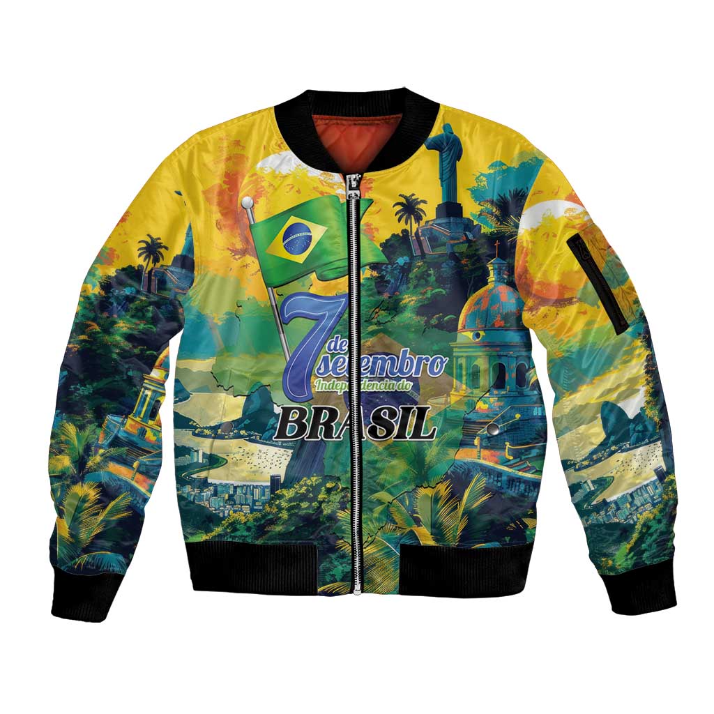 Personalized Brazil Sete de Setembro Sleeve Zip Bomber Jacket Brasil Rio de Janeiro Art Style - Wonder Print Shop