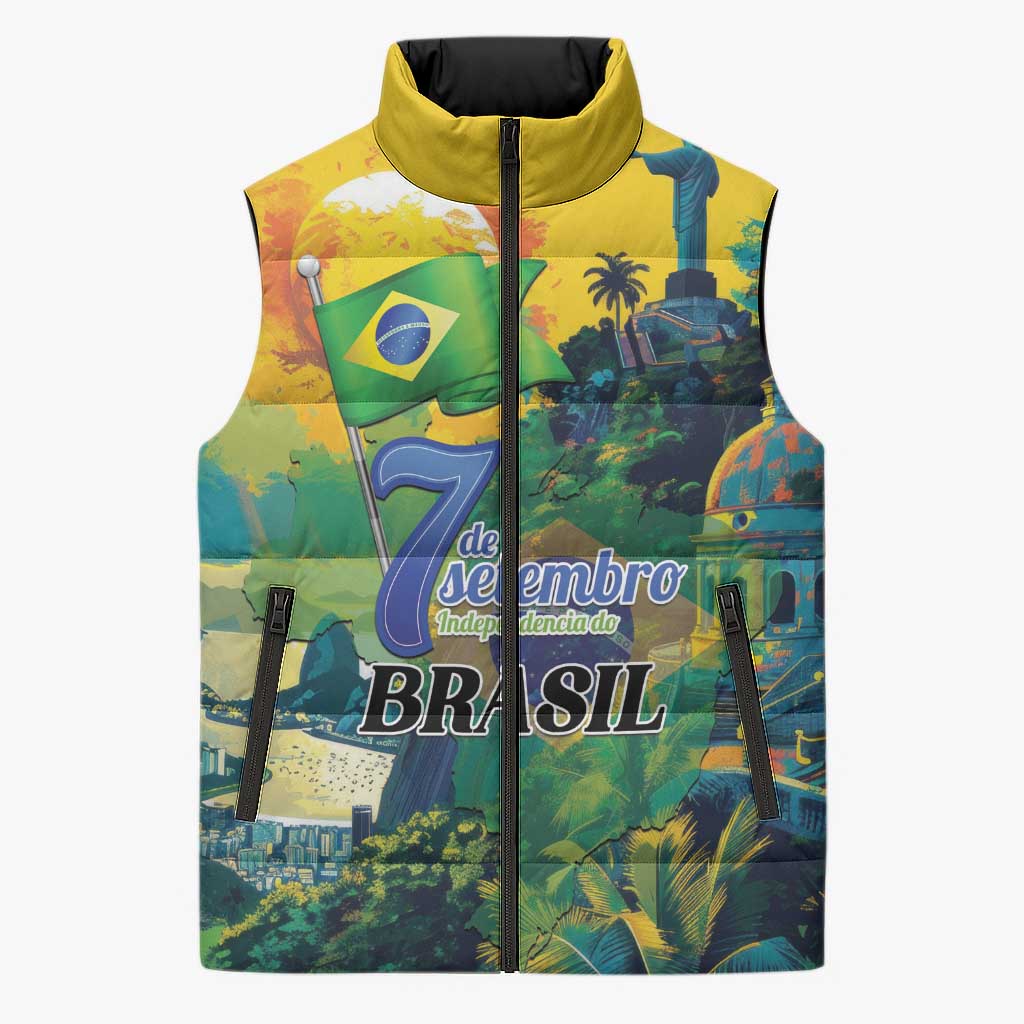 Personalized Brazil Sete de Setembro Sleeveless Puffer Jacket Brasil Rio de Janeiro Art Style - Wonder Print Shop