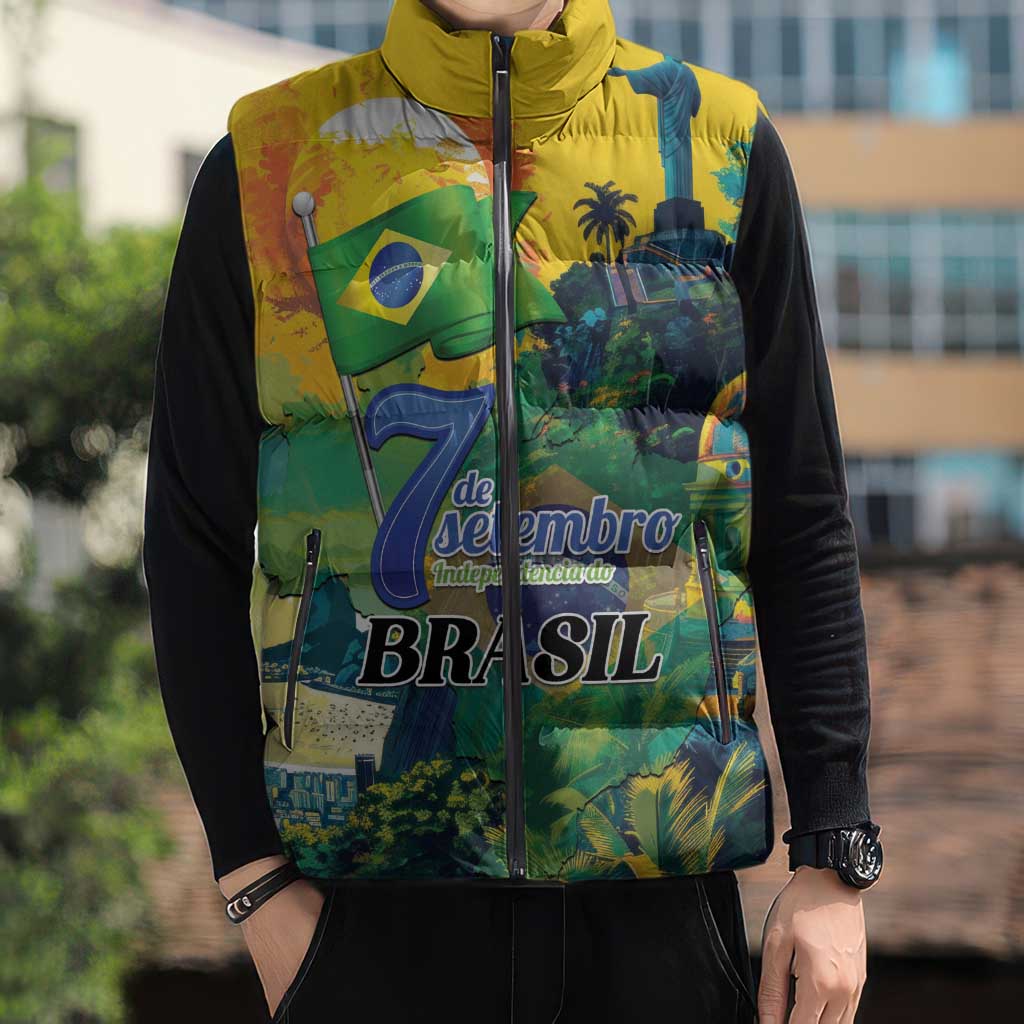 Personalized Brazil Sete de Setembro Sleeveless Puffer Jacket Brasil Rio de Janeiro Art Style - Wonder Print Shop