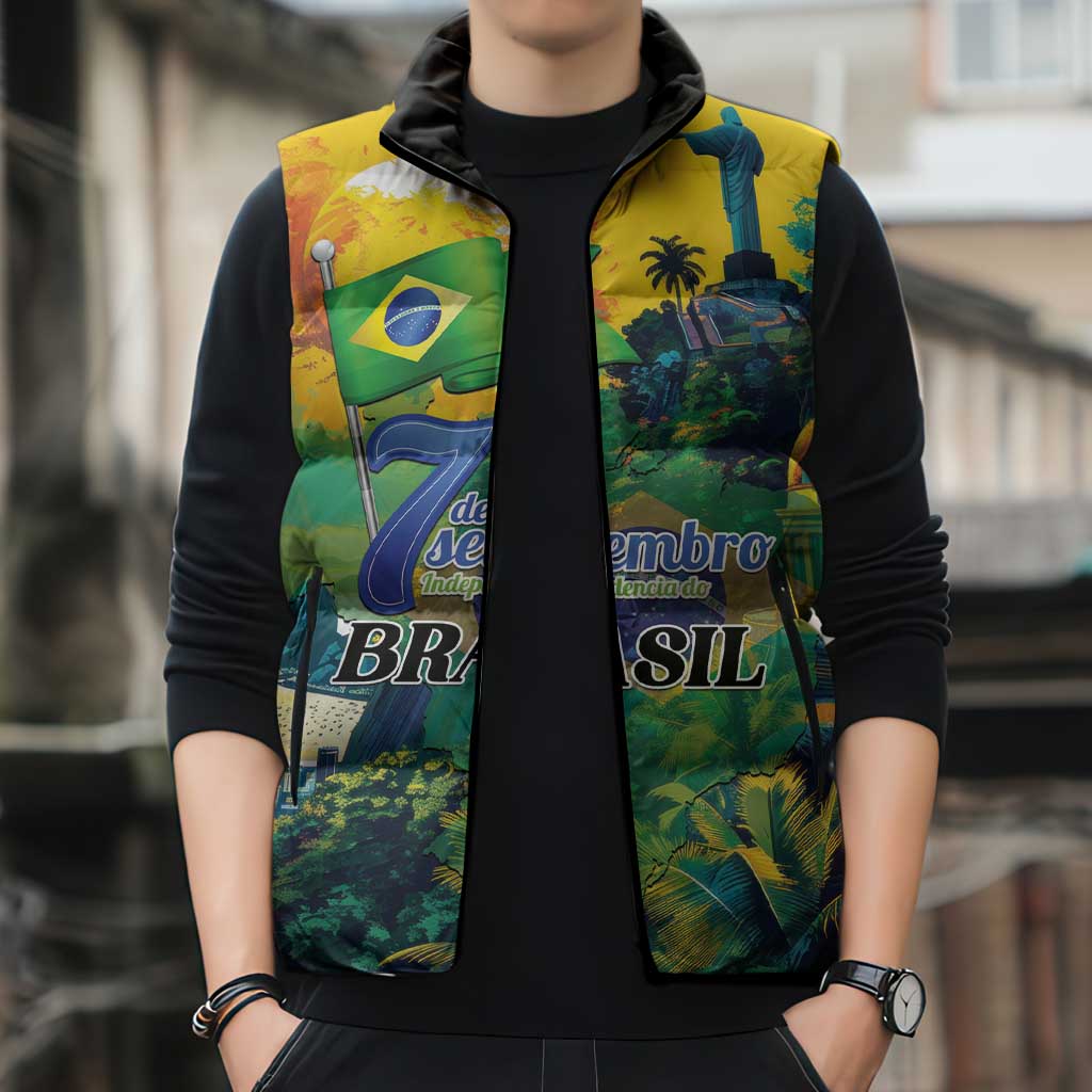 Personalized Brazil Sete de Setembro Sleeveless Puffer Jacket Brasil Rio de Janeiro Art Style - Wonder Print Shop