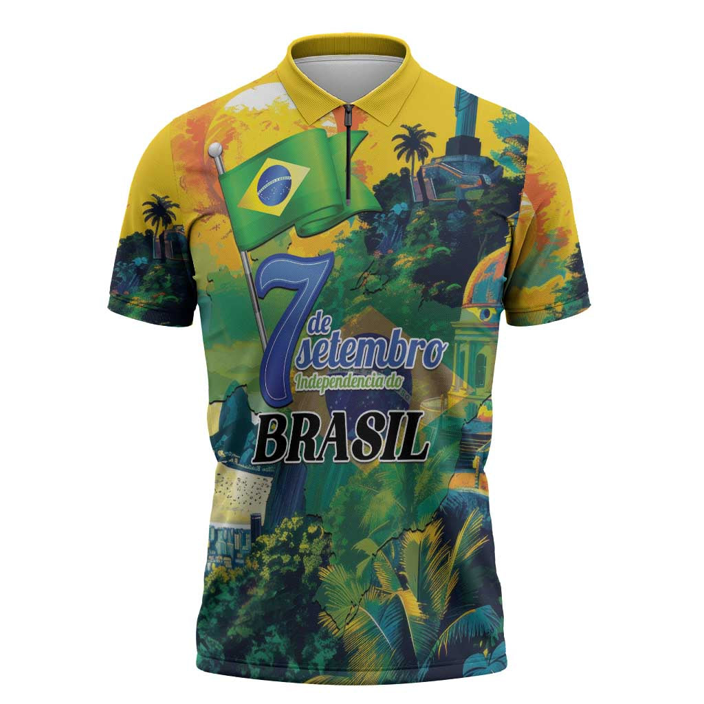 Personalized Brazil Sete de Setembro Zipper Polo Shirt Brasil Rio de Janeiro Art Style - Wonder Print Shop