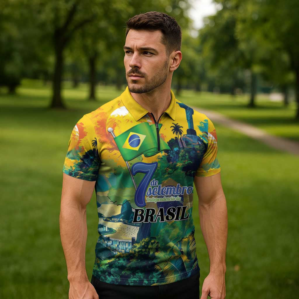 Personalized Brazil Sete de Setembro Zipper Polo Shirt Brasil Rio de Janeiro Art Style - Wonder Print Shop